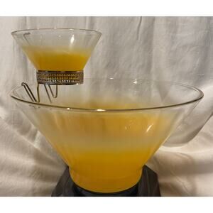Vintage Anchor Hocking Chip & Dip Bowl Set Frosted Yellow 2 Tier MCM Party 60s